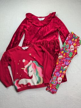 H&M Girls Red Velvet Dress, Red Unicorn Sweatshirt and Next Direct Leggings 6-8